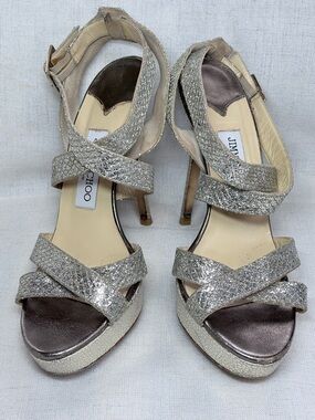 Jimmy Choo Vamp sandals,silver glitter,platform heels,ankle strap.Size 9